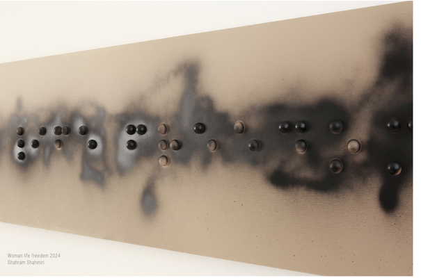 Woman Life Freedom written in English Braille  Year: 2024 Size: 160x40 cm, Acrylic on wood