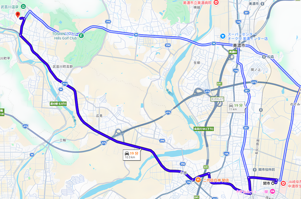 関市から武芸川生涯学習センターへの地図　