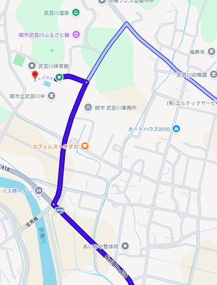 関市から武芸川生涯学習センターへの地図　拡大