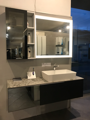 PUNTOTRE Mobile Sistema Maniglia Cm.140x51 H.36 Laminato Legno Carbone+Vetro Specchio Fumè
