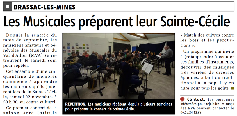 Concert de Sainte-Cécile 2025 : La Montagne Haute-Loire du jeudi 6 novembre 2025.
