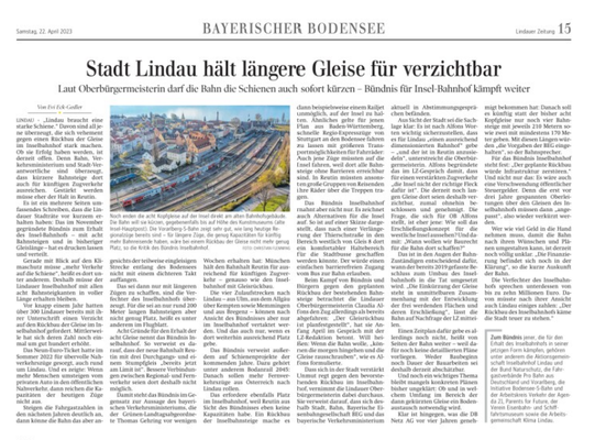 Lindauer Zeitung 22. April 2023  Stadt Lindau will keine längeren Gleise
