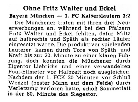 Testspiel gegen die Bayern am 02.08.1958. Foto: Bildarchiv Eric Lindon (RHEINPFALZ, 04.08.1958)