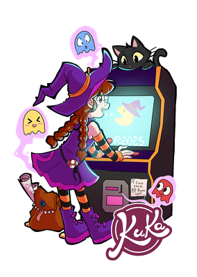 Sticker-Design einer Hexe vor einem Arcade-Automaten