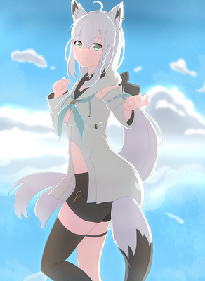 skebのご依頼品です。Vtuberの白上フブキさんのイラストを描きました。 構図はおまかせとのことだったため、前回の大神ミオさんと対になるようなイメージで描きました。躍動感のある髪と反射する青空にこだわりました。公開時期:2023年9月29日 制作期間:14日 使用ソフト:clip studio paint pro 使用ツール:ipad air