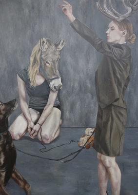 Lydia Balke "Im Fuchsbau vierzehn Sommer der erste Schnee (bis einer heult)", 2016, 180 x 125 cm,  Öl auf Leinwand