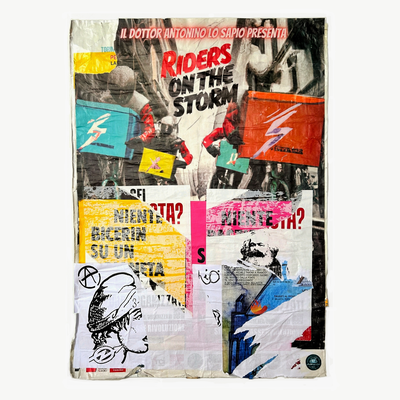 Riders on the storm, décollage with crayon, 98,3 x 70,5 cm, 2023