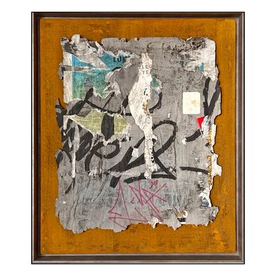 San Telmo, décollage with graffiti and sticker on stained canvas, ca. 48,5 x 40,3 cm, 2025