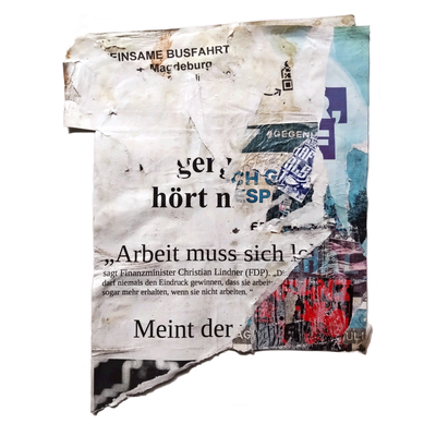 einsame Busfahrt, décollage with sticker, 39,0 x 30,7 cm, 2025