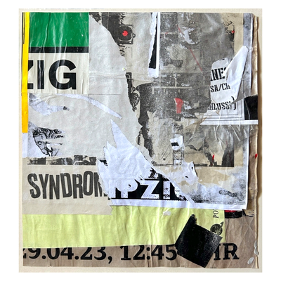 Syndrom, décollage with silverspray and tape, 33,8 x 30,6 cm, 2025