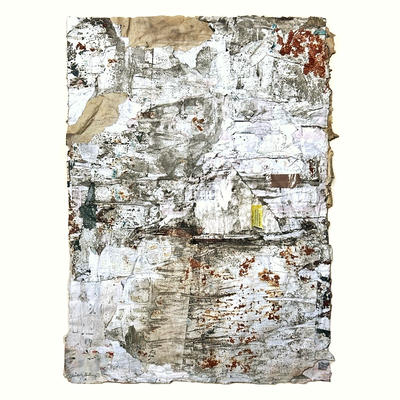 Equivocada, décollage (retro d'affiche) with rust, tape and sticker, ca. 63,5 x 45,4 cm, 2025