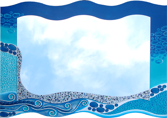 "Blue Ocean" - Spiegel auf Holzplatte mit Modellierung und Spachteltechnik in Acrylfarbe, Glassteinen und Lackierung, 86 x 66 cm
