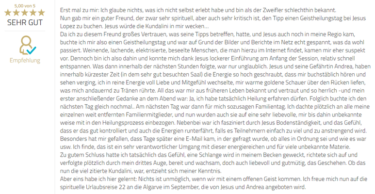 Erfahrungsbericht zum Geistheilungstag mit Jesus Lopez, 15.07.2022