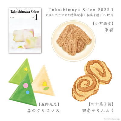 挿絵を担当したタカシマヤゴールド会員様会報誌「タカシマヤサロン(2022年1月号)」の特集記事のイラスト、10〜12月のお菓子です。