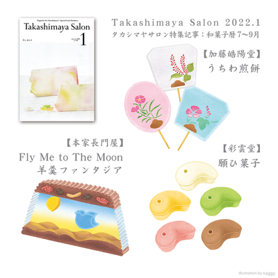 挿絵を担当したタカシマヤゴールド会員様会報誌「タカシマヤサロン(2022年1月号)」の特集記事のイラスト、7〜9月のお菓子です。