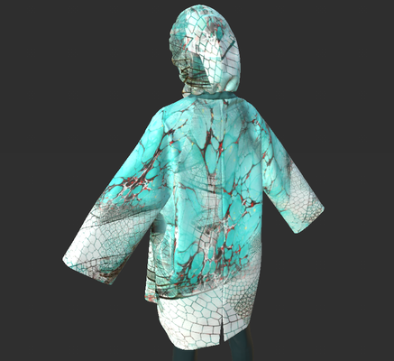 Digital fashion design - turquise cellular rain coat by artist Deborah Leunig