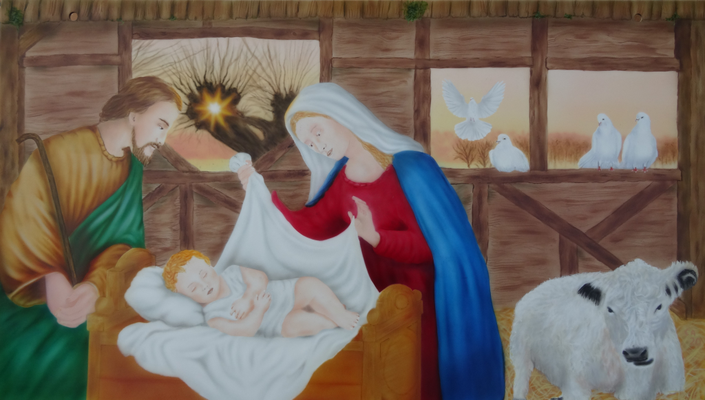 Edelstahlplatte 2 für Heiligenhaus, Joseph Maria und Jesuskind