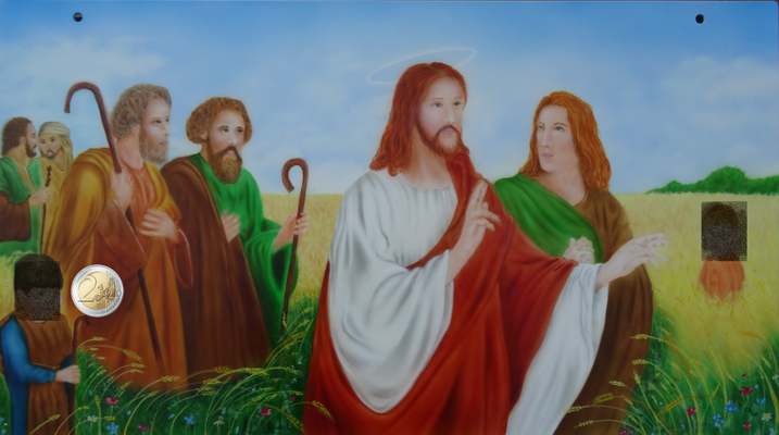 Jesus mit den Jüngern im Kornfeld. Edelstahlplatte 72x40 cm für ein Heiligenhaus