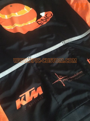 Custom printed cycle jersey featuring optional reflective rear pocket trim for improved visibility.