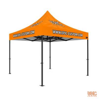 Basic Package 3x3m custom printed gazebo by Epic Custom with anodized black Epic 50 frame, fully waterproof and fire rated for UK events.