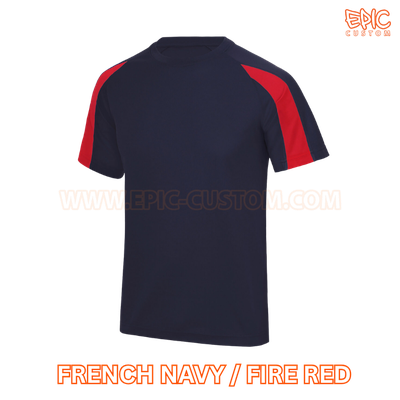Custom printed youth contrast sports t-shirt colour french navy and fire red