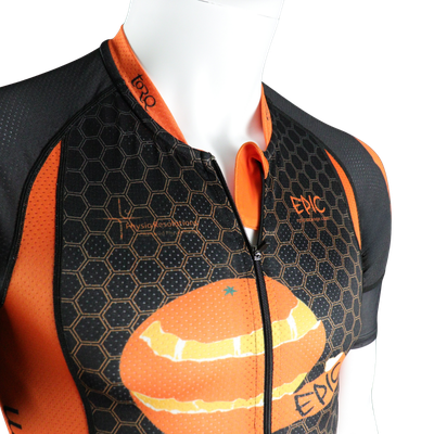 Epic Premium custom short sleeve triathlon top front zip detail with low profile collar and chin guard.