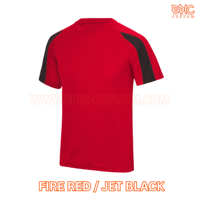 Custom printed youth contrast sports t-shirt colour fire red and jet black