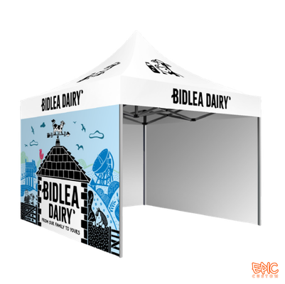 Complete Package 3x3m custom printed gazebo for Bidlea Dairy with standard silver frame, fully waterproof and BS 7837:1996 fire rated.