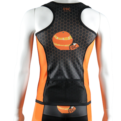 Epic Premium custom endurance triathlon top rear view showing lightweight compression fabric and rear storage construction.