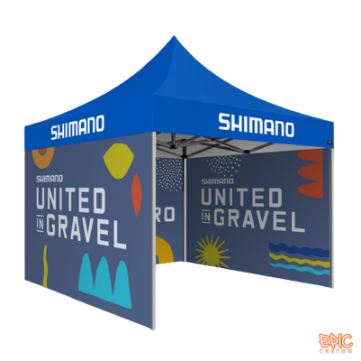 Complete Package 3x3m custom printed gazebo for Shimano United in Gravel with standard silver frame, fully waterproof and BS 7837:1996 fire rated.