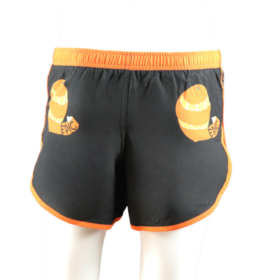 Custom design performance running shorts rear side view showing printed side panels and lightweight fit.