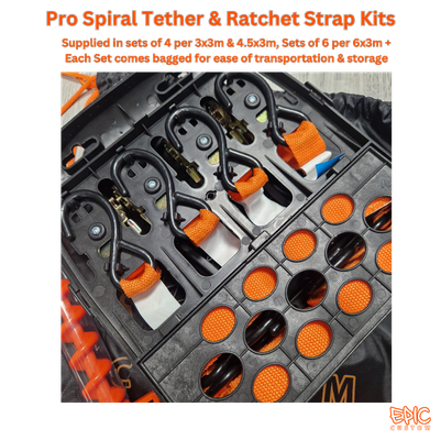Pro-Tether gazebo anchoring kit with heavy-duty ratchet straps, spiral ground spike anchors and quick-release fittings for professional outdoor use.