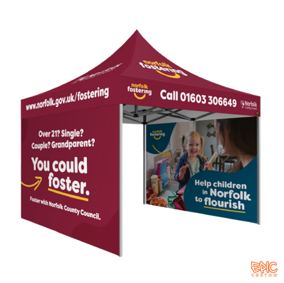Complete Package 3x3m custom printed gazebo for Norfolk Fostering with standard silver Epic 50 frame, fully waterproof, BS 7837:1996 fire rated and backed by a 5-year frame warranty.