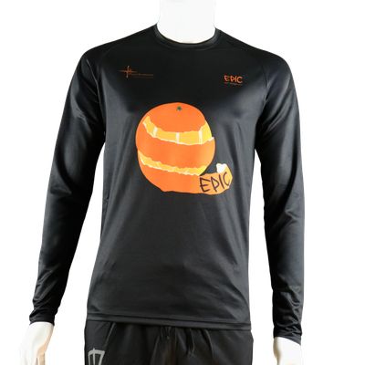 Custom printed long sleeved running shirt front view with lightweight racer back performance fit.