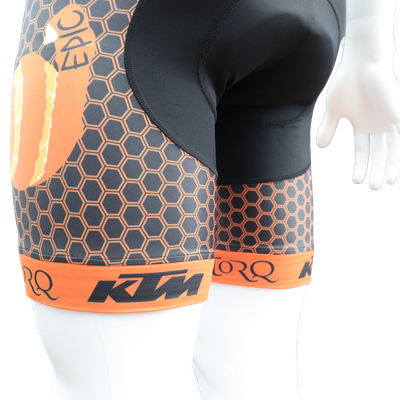 Custom printed classic cycle bib shorts with four centimetre silicone-ribbed Lycra leg gripper opening.