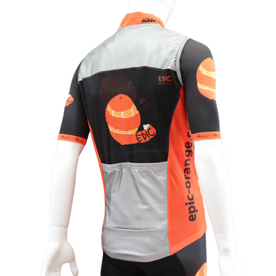 Custom printed fully reflective cycle gilet right rear view showing reflective fabric and two large rear pockets.