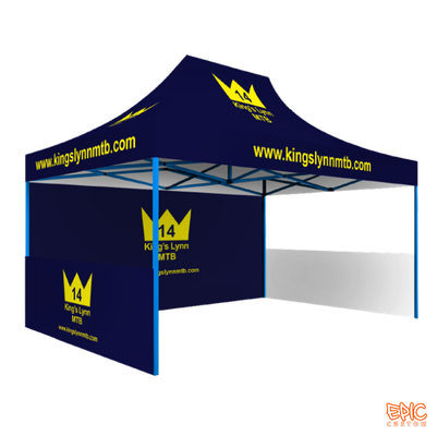 Sports Package 3x3m custom printed gazebo for Kings Lynn MTB with blue anodised frame, fully waterproof and BS 7837:1996 fire rated.