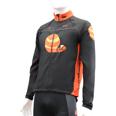 Custom printed convertible cycling jacket gilet front view with windproof fabric and relaxed multi-layer fit.