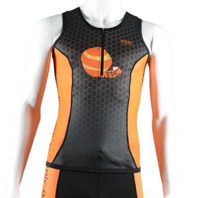 Epic Premium custom endurance triathlon top front view with fast-wicking Tri-Skin compression fabric and fully custom printed design.