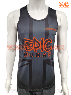 Front view of a custom printed racerback running vest manufactured from advanced Super DryLite yarn for comfort, breathability and performance.