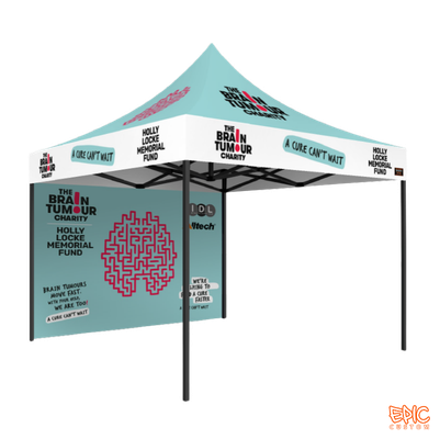 Impact Package 3x3m custom printed gazebo for The Brain Tumour Charity with black anodized Epic 50 frame, fully waterproof and fire rated for UK events.