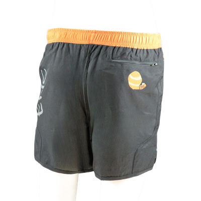 Custom branded long running shorts rear view with lightweight fabric and practical longer coverage.