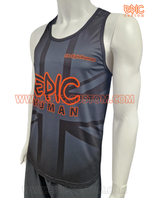 Front side view of a custom printed racerback running vest featuring lightweight Super DryLite yarn and athletic performance fit.