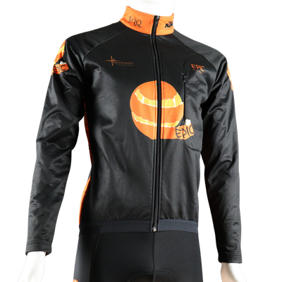 Custom printed Sub-Zero winter cycling jacket front view with windproof waterproof soft shell membrane fabric.