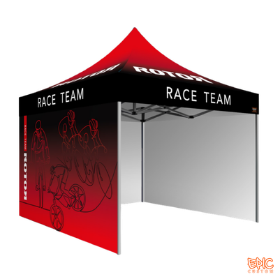 Complete Package 3x3m custom printed gazebo for ROTOR Race Team with anodised black frame, fully waterproof and BS 7837:1996 fire rated.