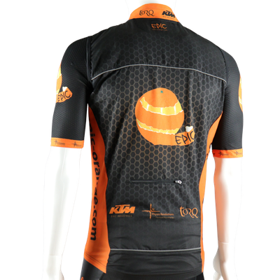 Custom printed unisex cycle gilet with solid back and rear pockets for practical cycling storage.
