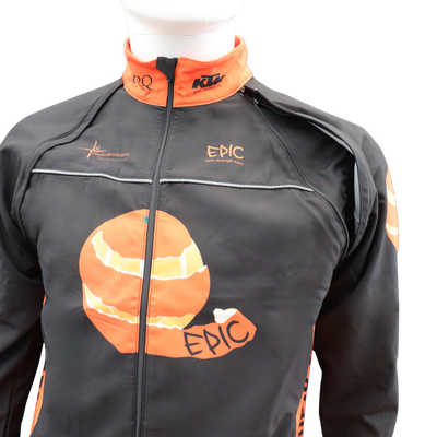 Custom design convertible cycling jacket gilet showing removable sleeve design for easy conversion.
