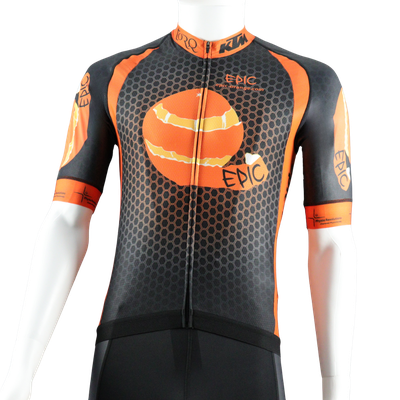 Custom printed Pro cycle jersey front view with pro fit and breathable short sleeve construction.