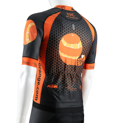 Custom printed Pro cycle jersey rear pocket view showing practical cycling storage and custom print area.