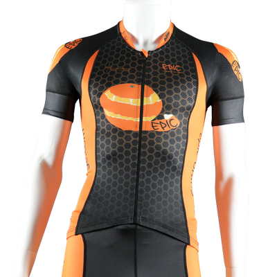 Epic Premium custom short sleeve triathlon top front view with aerodynamic fit and multi-panel performance construction.